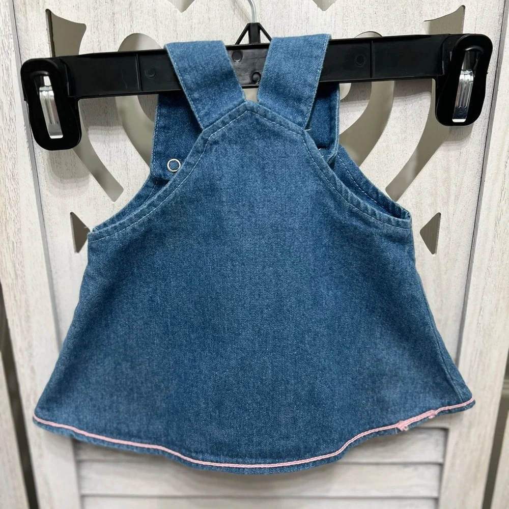 Vintage Y2K Denim Baby Dress with Teddy Appliqué and Matching Scrunchie Hat